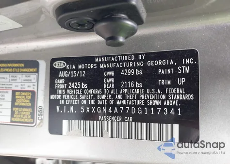 2013 Kia Optima Ex z USA, uszkodzony, nr VIN 5XXGN4A77DG117341